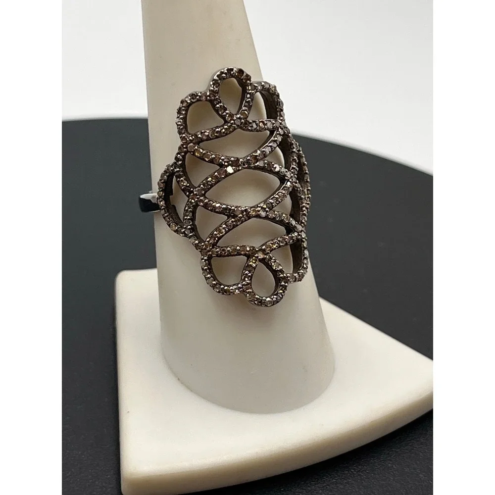 Designer Pave Chocolate Diamond 925 Sterling Silver Sophisticated‎ Ring Sz 8.5